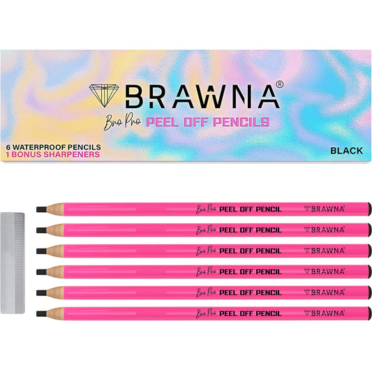 BRAWNA 6 Pcs Brow Pro Peel Off Pencils with 1 Sharpener - Waterproof Eyebrow Mapping Pencil - Microblading Supplies - PMU Kit - Black