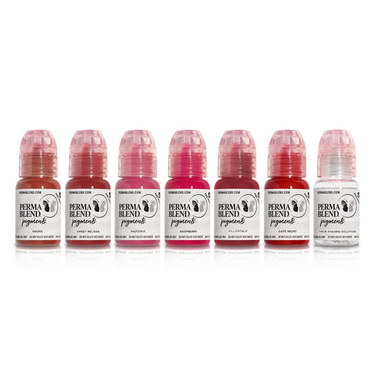 Perma Blend Sultry Lip Set - Pink & Red Tattoo Ink Set for Permanent Makeup - Tattoo Supplies for Lip Blush Microblading - 6 Pigments & Shading Solution - Vegan (0.5 oz Each)