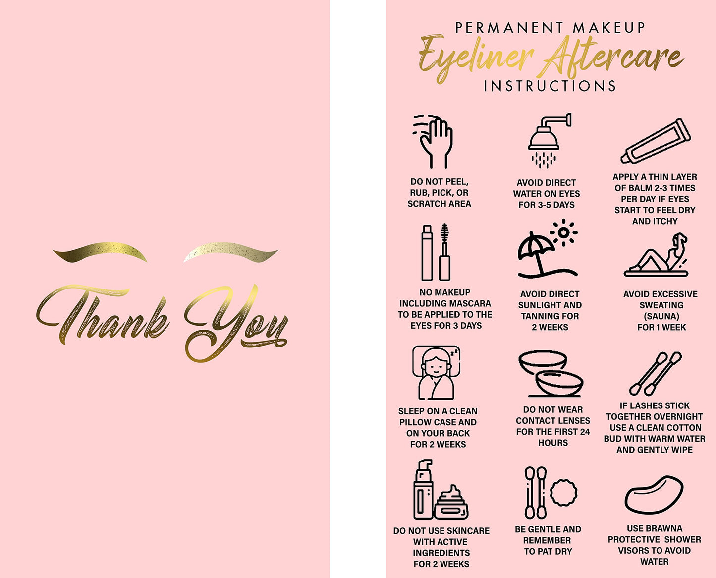BRAWNA 100 Pck PMU Eyeliner Aftercare Thank You Cards - PMU Supplies - Microblading Kit - Pink