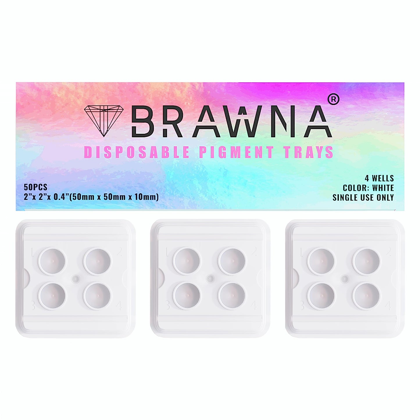 BRAWNA [ Deeper Wells ] 50 Pack Disposable PMU Pigment Tray with 4 Wells - Ink Cup for Microblading Pigment and Numbing Gel - PMU Ink Cup for PMU Machine - White
