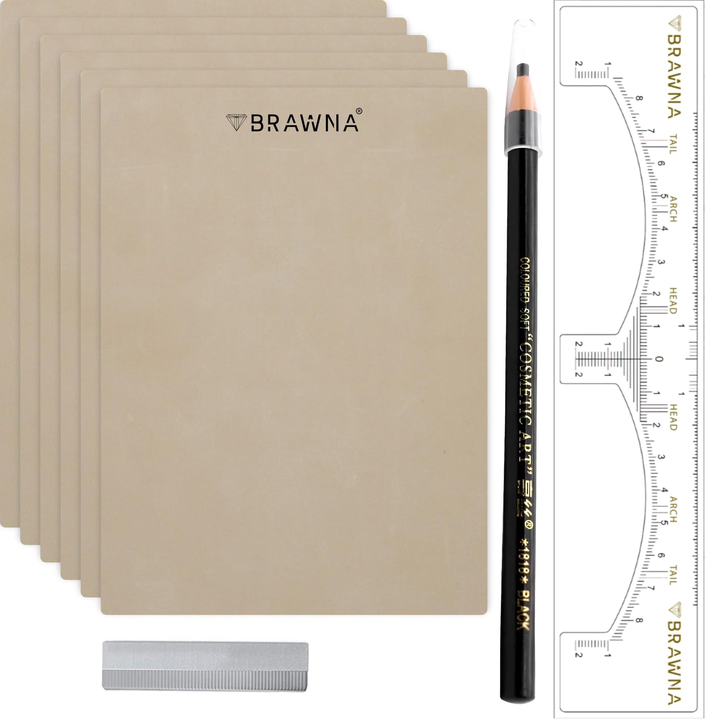 BRAWNA 6 PCS Inkless Double-Sided Practice Skin for Eyebrow Tattoo with PMU Mapping Pencil [ Random Color ] Razor Blade Sharpener and Brow Ruler Sticker
